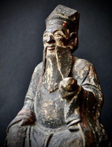 Grande scultura di Saggio o Dignitario Seduto, Legno, Antiek en Kunst