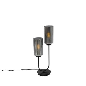 Art Deco tafellamp zwart met smoke glas 2-lichts - Laura, Huis en Inrichting, Lampen | Tafellampen, Verzenden, Nieuw, Glas, Art Deco