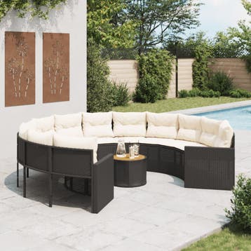vidaXL Tuinbank met tafel en kussens rond poly rattan zwart, Tuin en Terras, Verzenden, Nieuw