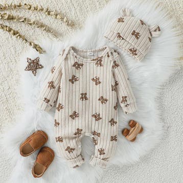 Unisex Baby Romper met Muts - Beige Beerprint - Lange Mouwen, Verzenden, Nieuw