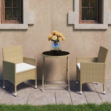 vidaXL 3-delige Bistroset poly rattan en gehard glas beige, Tuin en Terras, Verzenden, Nieuw