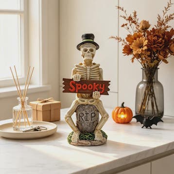 Halloween Skelet Figuur met 'Spooky' Bord - Spookachtige Dec, Verzenden, Nieuw