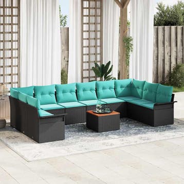 vidaXL Tuinbankenset met opslag 11 pcs Zwart en Turquoise, Verzenden, Nieuw, Rotan, Meer dan 8 zitplaatsen