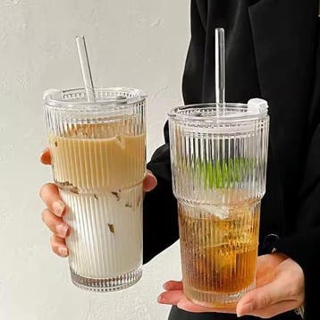 Gestreept Glas met Deksel en Rietje 600 ml Drinkbeker, Verzenden, Nieuw