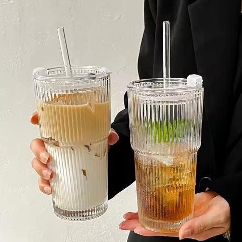 Gestreept Glas met Deksel en Rietje 600 ml Drinkbeker, Witgoed en Apparatuur, Koffiemachine-accessoires, Nieuw, Verzenden