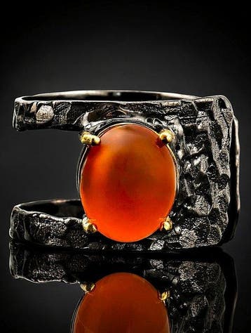 Oranje carneoolring - 925 sterlingzilver - zwarte