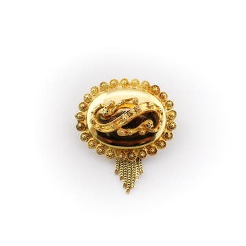 Antiek gouden S-broche met kwastje, Ophalen of Verzenden, Gebruikt, Overige kleuren, Goud