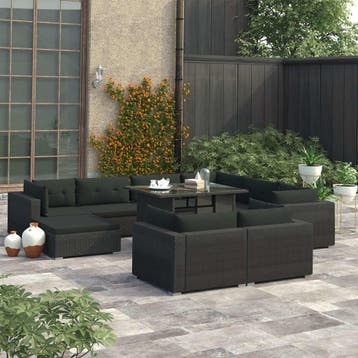 vidaXL 10-delige Loungeset met kussens poly rattan zwart, Verzenden, Nieuw, Meer dan 8 zitplaatsen, Loungeset