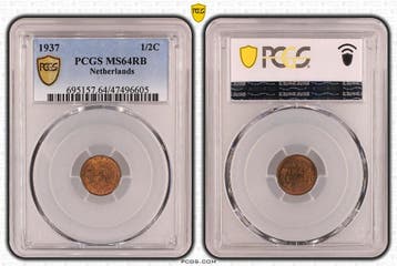 Koningin Wilhelmina 1/2 cent 1937 MS64 RB PCGS, Verzenden, Koningin Wilhelmina, Losse munt