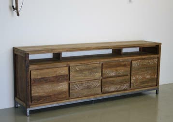 Robuust industrieel tv meubel 220cm breed; Indoteak, 100 tot 150 cm, Teakhout, Nieuw, Ophalen of Verzenden