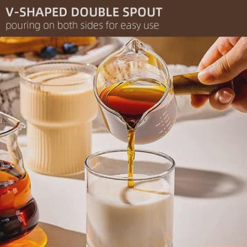 Glazen Espresso Maatbeker 75ml met Dubbele Uitloop en Houten, Antiek en Kunst, Verzenden