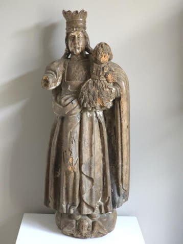 Monumentaal Antiek Houten Mariabeeld met Kind – 17e Eeuw, Ophalen