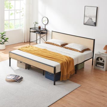 Metalen bed Linköping 185x206x90 cm zwart en rotan look [en., Verzenden, Nieuw