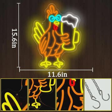 Grappige Haan met Bier Glas Neon Sign - Sfeerverlichting voo, Verzenden, Nieuw