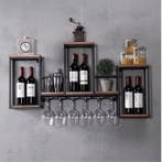 Wand Wijnrek Hout en Metaal – Vintage Wijnrek met Glashouder, Huis en Inrichting, Woonaccessoires | Wijnrekken, Verzenden, Nieuw