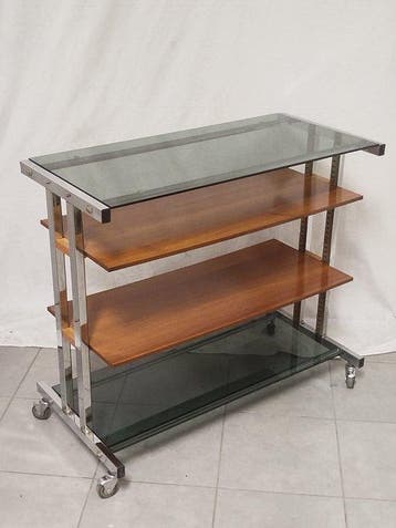 Trolley - tek en gerookt glas - Trolley in modernariato uit