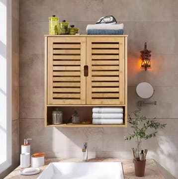 Bamboe Wandkast met Deuren – Hangende Badkamer Opbergkast, Verzenden, Nieuw
