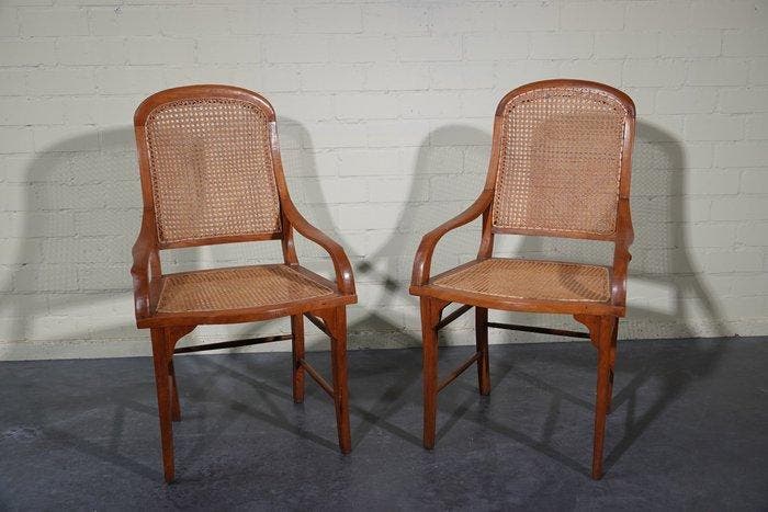 Fauteuil - Hout - Twee fauteuils met houten frame en geweven, Antiek en Kunst, Curiosa en Brocante