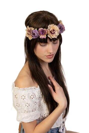 KIMU® Bloemenkrans Haar Vintage Lila Beige Paars Bohemian Ha, Ophalen of Verzenden, Nieuw, Carnaval, Accessoires