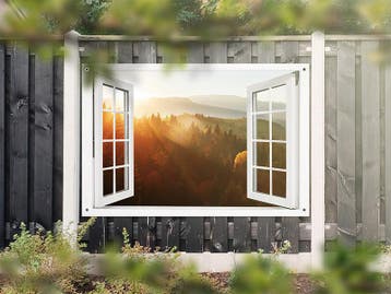 NR 1326: Tuinposter doorkijkje bos heuvels 120x180cm, Nieuw