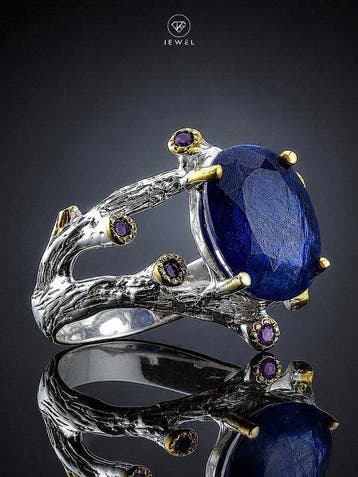 Saffier - Zilver, 925 - Ring - Natuurgeïnspireerd, Antiek en Kunst, Curiosa en Brocante