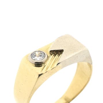 Bicolor gouden pinkring met diamant; 0,08 ct., Gebruikt, Heer, Ophalen of Verzenden, 17 tot 18