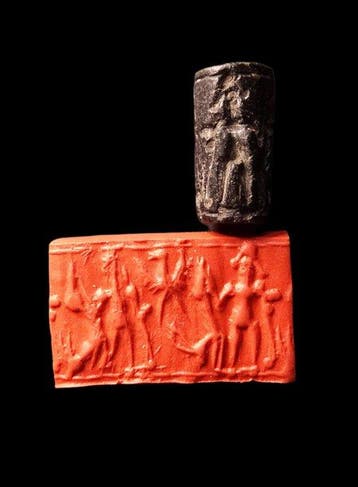 Akkadiaans Cilinderzegel van zwarte steen - Mesopotamië, 2e
