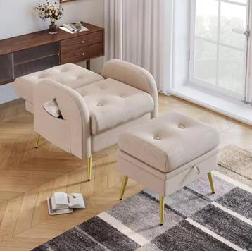 Nieuwe Beige Loungestoel met Kruk, Opbergruimte, Rugleuning, Huis en Inrichting, Stoelen, Verzenden, Nieuw