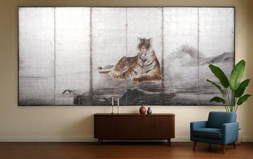 Byôbu  (vouwscherm) - Papier, Gelakt hout, Zilverblad -