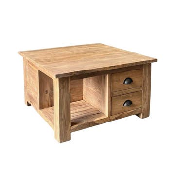 Salontafel glad teak, 80x80cm vier ladenSalontafels, Ophalen of Verzenden, Nieuw