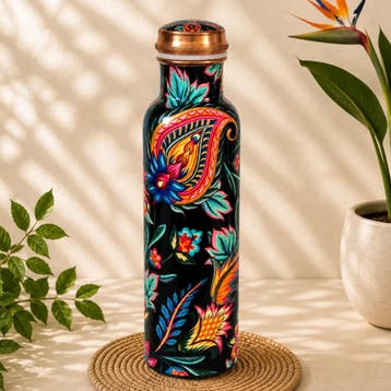 Puur koperen waterfles met bloemenprint 1 liter/375 g (zware, Ophalen of Verzenden, Nieuw