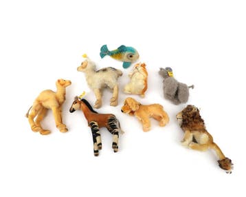 Acht pluche knuffels, Steiff, Duitsland, 20e eeuw, Verzamelen, Gebruikt