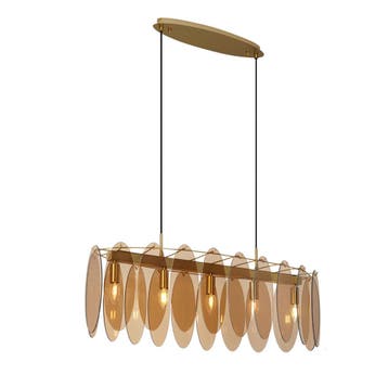 Art Deco hanglamp goud met amber glas ovaal 5-lichts -, Verzenden, Nieuw, Glas, Art Deco