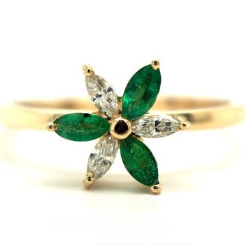 Ring - 14 karaat Geel goud - 0.44ct. tw. Smaragd - Diamant, Nieuw
