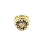 Gouden zegelring met zonnestraal motief, Sieraden, Tassen en Uiterlijk, Ringen, 18 tot 19, Gebruikt, Overige kleuren, Ophalen of Verzenden