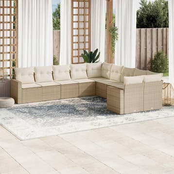 vidaXL 10-delige Loungeset met kussens poly rattan beige, Verzenden, Nieuw, Loungeset