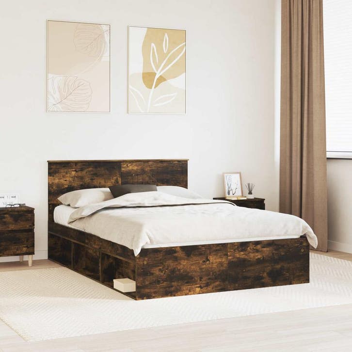 vidaXL Bedframe Gerookt eiken 135 x 190 cm Massief, Huis en Inrichting, Slaapkamer | Bedden, Bruin, Nieuw, Hout, Verzenden
