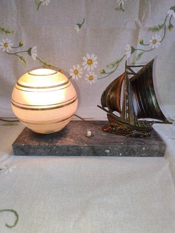 Tafellamp - Marmer, Glas, Metaal - Vintage marmeren lamp.