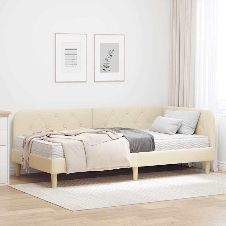 vidaXL Hoekbedframe Crème 90 x 190 cm Stof, Huis en Inrichting, Slaapkamer | Bedden, Crème, Nieuw, Stof, Verzenden