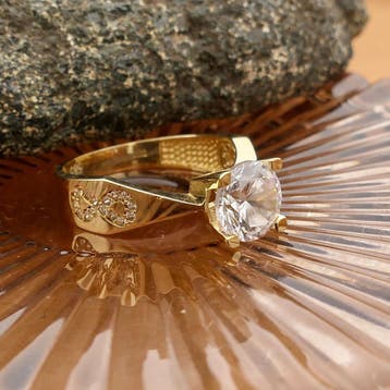 Gouden solitair ring met zirconia, Sieraden, Tassen en Uiterlijk, Ringen, Gebruikt, Ophalen of Verzenden, 17 tot 18, Met edelsteen