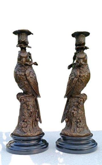 sculptuur, papagaaien kandelaars - 31 cm - brons marmer