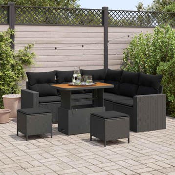 vidaXL Tuinbankenset met kussen 9 pcs Zwart poly rattan, Verzenden, Nieuw, Rotan, Meer dan 8 zitplaatsen