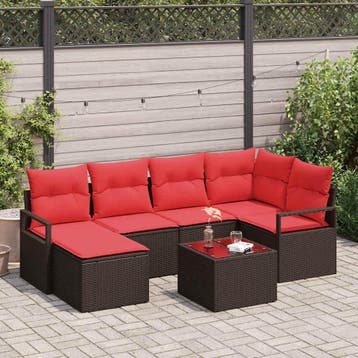 vidaXL Bankstel 7 st Bruin en Rood poly rattan, Verzenden, Nieuw, Rotan, 7 zitplaatsen