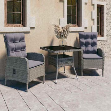 vidaXL 3-delige Tuinset poly rattan en glas grijs, Verzenden, Nieuw, 2 zitplaatsen, Tuinset