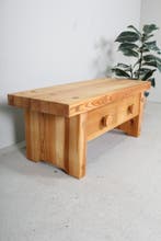 Vintage design grenen halbankje, Eenpersoons, Minder dan 75 cm, Zo goed als nieuw, Rechte bank