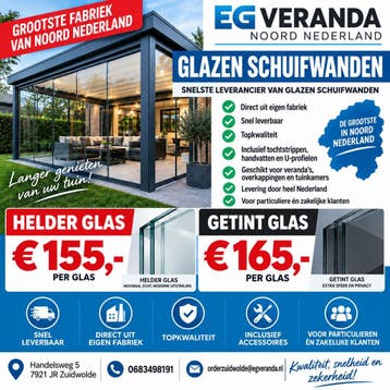 Glazen schuifwanden rechtstreeks uit eigen fabriek, Nieuw, Veranda