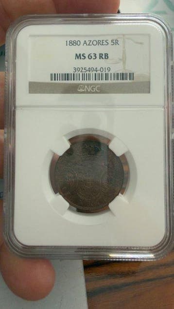 Azoren, Portugal. D. Luis I (1861-1889). 5 Reis 1880 MS63 RB