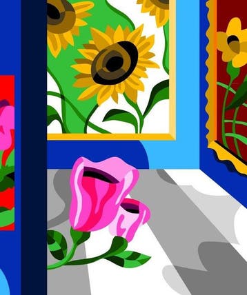 Ugo Nespolo (1941) - Museo fiori blu trittico C