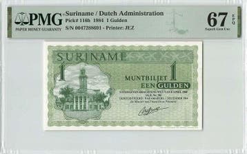 1984 Suriname 1 Gulden Pick 116h Pmg Superb Gem Unc 67 Epq, Verzenden