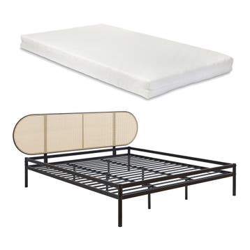 Metalen bed Linköping met matras 180x200 cm zwart en rotan l, Verzenden, Nieuw